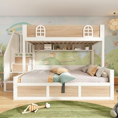 BTM Bunk Beds for Kids, High Sleeper Bunk Bed with Hydraulic Storage, Children's Bed with Storage Cube for Family, (90+135) x190 cm, White&Natural(No Mattress)