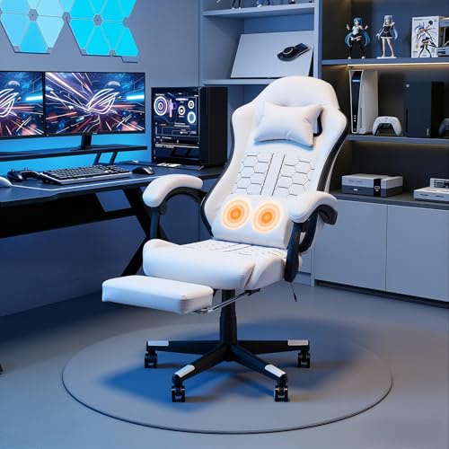 Warmiehomy Gaming Chair, Racing Gaming Chair with Massage and Footrest | Ergonomic Gaming Chair for Adults, Massage Computer Chairs with Footrest, Pc Chair with Headrest and Lumbar Support, White