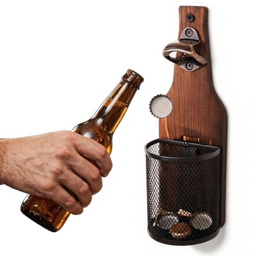 Apribottiglie vintage in legno da parete, apribottiglie da parete con tappo a corona, apribottiglie da parete con contenitore di raccolta, regalo per uomini e amanti della birra, per bar, cucina