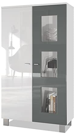 Vladon Vitrine Denjo, Made in Germany, Standvitrine mit 2 Türen und 3 Glaseinsätzen, Weiß matt/Weiß Hochglanz/Grau Hochglanz (71 x 129 x 35 cm)