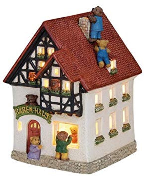 Bären-Haus aus Porzellan – Windlicht Lichthaus Miniatur-Modell – B12 x T10 x H18 cm - detailgetreues Dekohaus für Weihnachtsdorf Miniaturwelt Winterdeko Sammlerobjekt Weihnachtsdekoration