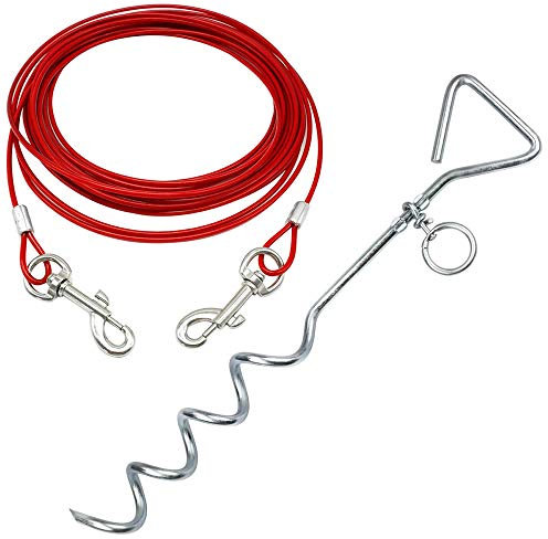 Bunty 16 Heavy Duty Dog Stake & 10ft. Dog Tie Out Cable - 360° Spiral Dog Lead Stake with Tangle-Free O-Ring - Dog Stake for Camping, Yard, Park - Small, Medium, Large Dogs - Red