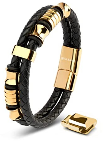 SERASAR Pulsera Cuero Hombre Oro 17cm Dorado Pulseras Hombres Brazalete Brazaletes Pulso Muñequera Muñequeras Bisuteria Joyeria Nudos Cuerda Leather Bracelet Jewellery Bandera España