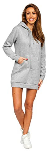 BOLF Damen Sweatkleid Lang Sweatshirt Longshirt Oversize Hoodie Tunika Sportkleid Kapuzenpullover Kapuzenkleid Weich Und Bequem Hochwertiger Baumwollmischung Basic YS10003 Grau XL [A1A]