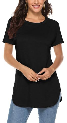 Newchoice Tunic Tops for Leggings for Women Short Sleeve Curve Hem Long Shirts (M,Black)