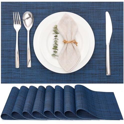 Myir JUN Table Mats Placemats Set of 8 Place Mats for Table Woven Vinyl | Washable Non-slip Outdoor Heat Insulation for Kitchen Dinning Restaurant 30x43.5 cm (Ocean Color)