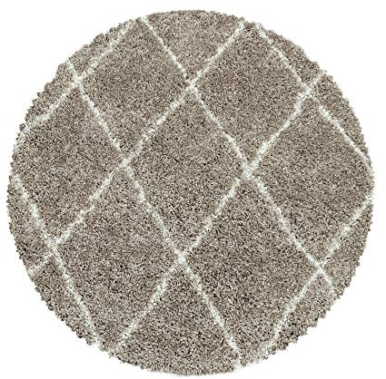 Carpetsale24 Hochflor Runder Teppich Beige 200 cm Rund Rauten Design Flauschig- Langflor Wohnzimmerteppich Skandinavischer Stil Shaggy Teppich
