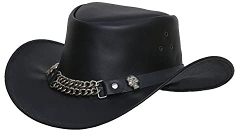 LuxHide Cowboy-Hut aus Rindsleder, handgefertigt, Totenkopf-Design, Schwarz, SMALL