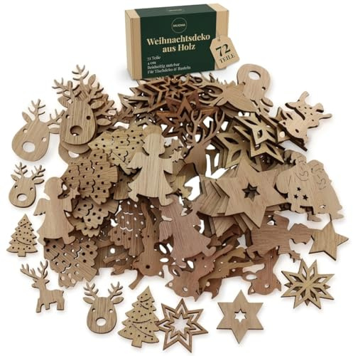 MIJOMA Holz Streudeko Weihnachten 72 Teilig 4 cm – beidseitig nutzbare Tischdeko und Basteldeko – natürliche Anhängerformen aus Holz für Advent Festtafel Geschenke