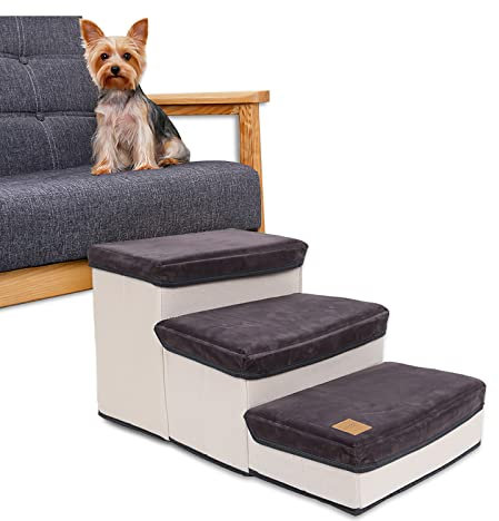 Galatée Hundetreppe, Faltbare Hundetreppe, 3-Stufige Tragbare Haustiertreppe, Abnehmbare Haustierrampe, Hundeschlafsofa Mit Aufbewahrungsfunktion(Grau)