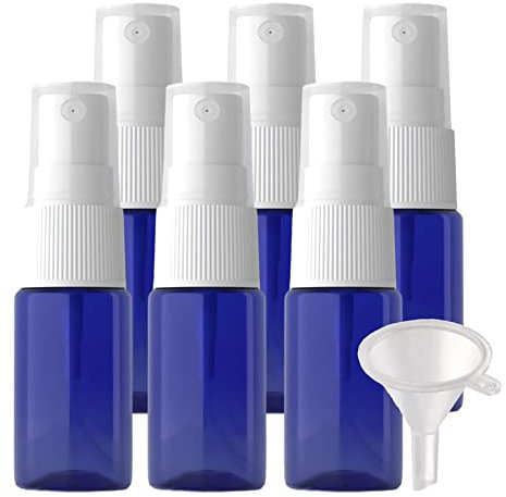 TIANZD 6 Pieces Mini Empty 10 ml Blue PET Plastic Fine Mist Pump Spray Bottles with White Sprayer for Perfume Water Cosmetic Travel Containers Refillable, 1x Funnel