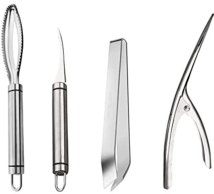LONGHAO 4 PCS Pinzette di Pesce per Pesce Gambero Deveiner Utensili Raschietto per Pesce Coltello per Gamberetti,Set di Strumenti per Frutti di Mare in Acciaio Inossidabile Adatto per Pesce/Gamberi