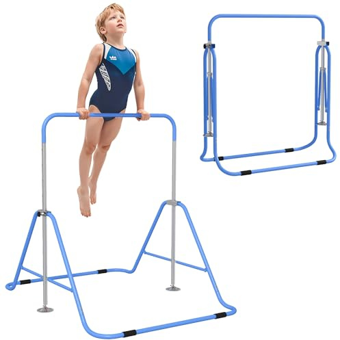 HOMCOM Kids Gymnastic Bar, Foldable Horizontal Bars w/Adjustable Height, Training Bar w/Triangle Base - Blue