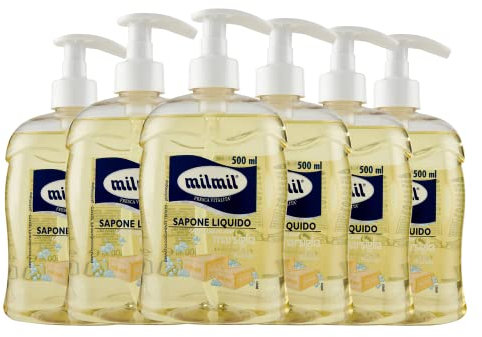 Milmil Sapone Liquido, Fragranza Marsiglia, con Dispenser, Sapone Mani, Viso e Corpo, Dermatologicamente Testato - 6 x 500 ML