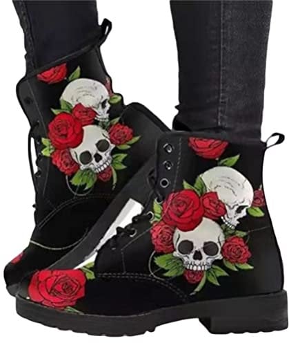 Minetom Damen Gothic Chelsea Boots Frauen Punk Stiefeletten Biker Boots Winter Knöchel Stiefel Mit Blockabsatz Gotisch Drucken Kurze Stiefel A Schwarz 35 EU