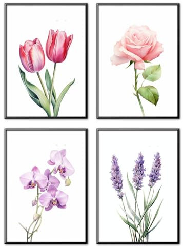 MJ-Graphics - Poster Set Blumen für Küche & Wohnzimmer - 4 Wandbilder Din A3 extra dickes Posterpapier - Pflanzen-Motiv Bilder ohne Rahmen