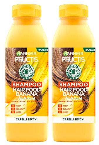 Garnier Fructis Shampoo Hair Food Banane, nährende Wirkung für trockenes Haar, reinigende und vegane Formel mit Inhaltsstoffen 96% natürlichen Ursprungs - 2 Flaschen à 350 ml