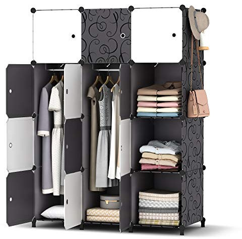 HOMIDEC Kleiderschrank, Tragbarer Regalsystem,12 Würfel Schrank aus Kunststoff mit 3 Kleiderstange, Schlafzimmerschrank kleiderschrank Weiss für Schlafzimmer