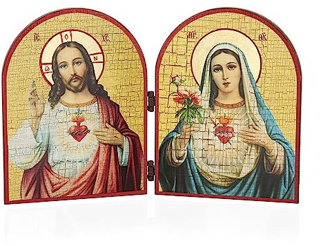 NKlaus heiligsten Herzen Jesu und Mariä Ikone Diptychon Holz 23,5x16cm Christlich 13908