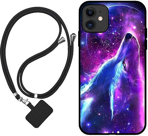 Sunrive Hülle Kompatibel mit iPhone 11 Case,matt Handyhülle Schutzhülle Etui Karikatur Muster TPU Backcover (Wolf,Mond,Sterne) +1x Universale Handykette MEHRWEG