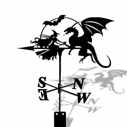 UZSPAC Wetterfahne Hexe mit Drache Metall Edelstahl Material Wetterhahn Dekorationen für Den Gartenbauernhof Schwarz 30 * 50/35 * 85cm (Size : L)