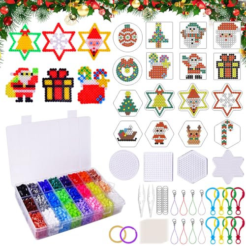 Bügelperlen Weihnachten,Weihnachten Bügelperlen Set,5000PCS 3D Bügelperlen mit vorlagen,16 Muster, mit Steckplatte, Zubehör,24 Farben,Weihnachtsbasteln Kinder.Kreatives DIY-Kit für Kinder.