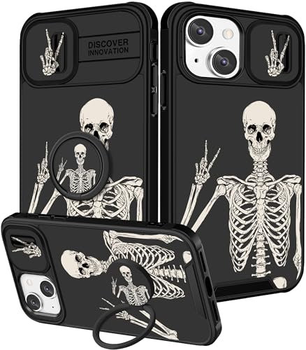 Pegmode (2in1 for iPhone 15 Case Skull for Women Cute Skeleton Gothic Girls Phone Cases Scary Fun Goth Unique Design with Slide Camera Cover+Ring Holder Funny for Apple iPhone 15 Cover 6.1 inch