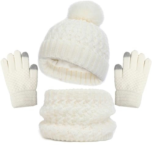 Kinder Strickmütze + Loop Schal + Handschuhe Set Winter Kindermütze Wintermütze Jungen Mädchen Warme gefüttert Strickmütze mit Pompon Kleinkind Bommelmütze für Herbst Winter