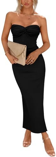 PRETTYGARDEN Women's Bodycon Long Dresses Summer Strapless Tube Twist Knot Front Ribbed Knit Maxi Cocktail Dress with Slit (Black,Small)