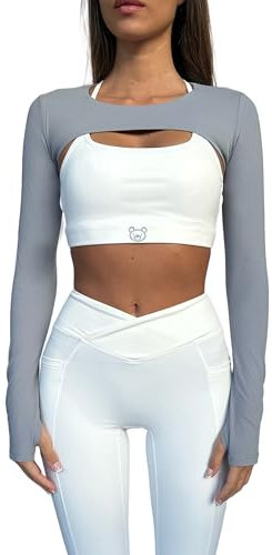 Bubba Active Damen Crop Top Langarm Bolero vorne offen Workout Cropped Shirts Sport Shrug, GRAU, X-Klein