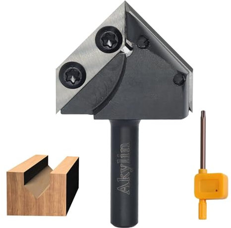 AKYLIN Wendeplatten V Nutfräser 90 Grad,V Nutfräser 8 mm Schaft,4-seitigen Austauschbare Hartmetall Klinge,V Fräser Holz Holzbearbeitungswerkzeug CNC Fräser V-Nutfräser für Holz Gravur