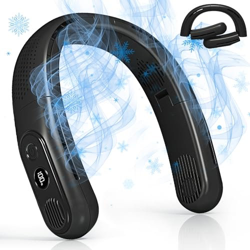 OLV Portable Neck Fan Rechargeable 4 Turbo 6000mAh 360° Cooling Airflow 3 Speeds LED Battery Display Foldable Bladeless Neck Fan Personal Fan Gift for Work,Travel,Outdoor Activities Black