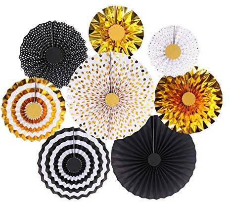 GAKA FAVOR Set of 8 Party Decorations Black and Gold Paper Fans for Party Wedding Birthday Holiday Christmas Event Carnival Hanging Paper Fan Decoration