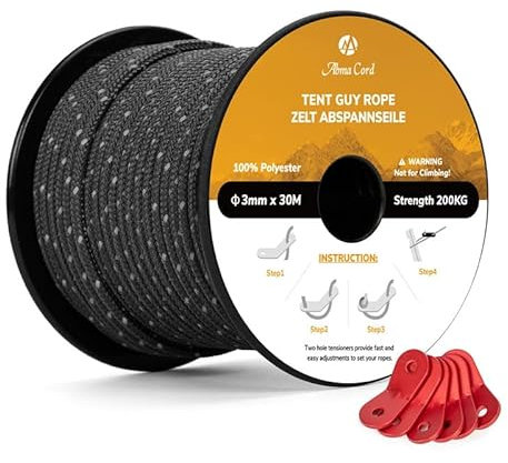 Abma Cord 30M Cuerda de Tienda Campaña Reflectante 3mm con 6 Pcs Tensores Ajustador - MAX. 200kg - Reflectante Negro