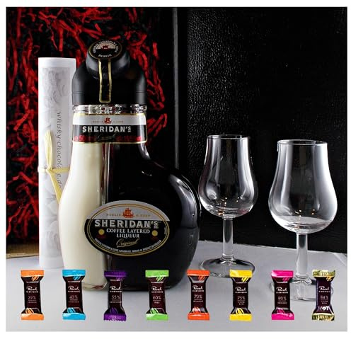 Sheridan`s Coffee Likör mit 2 Likörgläser & 8 Edelschokoladen Geschenk | Sheridans Geschenkset mit 8 Edelschokoladen in 8 Sorten für den feinen Genuss Frauengeschenke Genießerset Männergeschenke