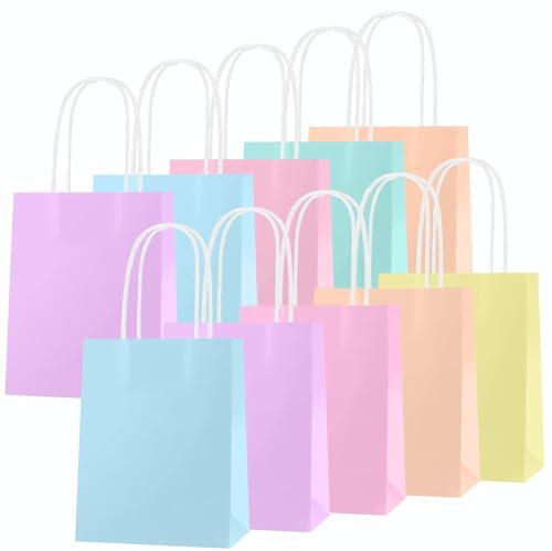 OWill Papiertüten Pastell,10 Stück Geschenktüten, Papiertüten klein mit henkel,Geschenktüten Kindergeburtstag,Partytüten aus Kraftpapier für Kindergeburtstag, Hochzeiten(15x8x21cm)