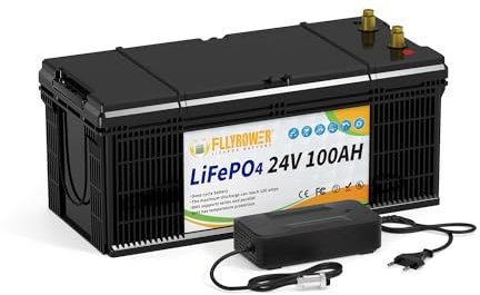 FLLYROWER Lifepo4 Batería de 24 V 100 Ah con BMS y células de clase A 10000 + ciclos de profundidad para barcos, caravanas, camping, paneles solares, electrodomésticos, etc