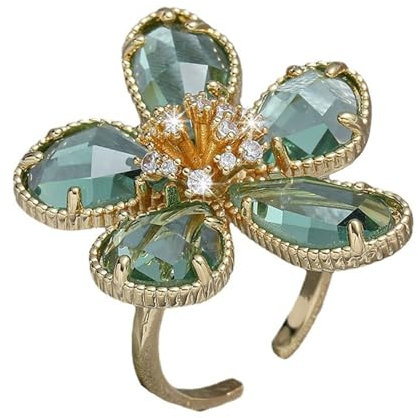 GleaMora Vintage Gold mit grüner Zirkonblume verstellbarer Ring für Frauen Hochzeitsfeier Schmuckring Elegante trendige einzigartige Ringe