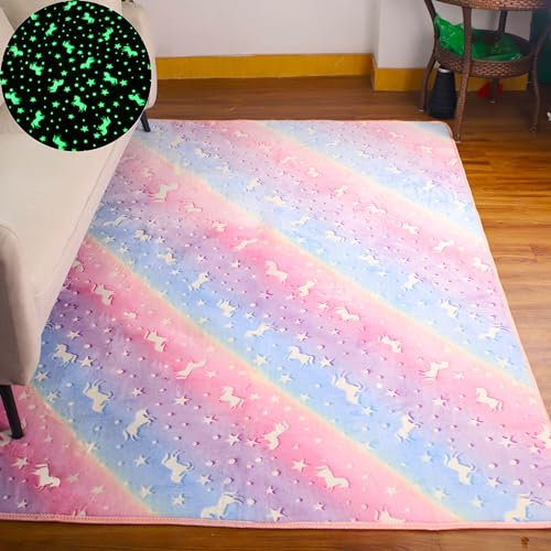 Skeiyo Leuchtet im Dunkeln, leuchtender Teppich, für Schlafzimmer, Wohnzimmer, niedriger Flor, elastischer Teppich, bunt, rosa, Regenbogen-Einhorn, 200 x 300 cm