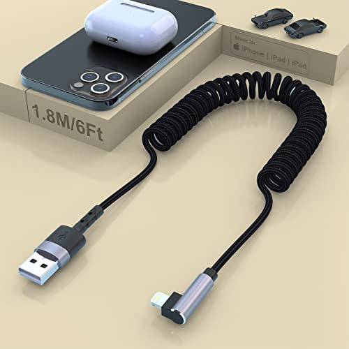 MTAKYI Cable Lightning en espiral, 90 grados trenza de nailon rápido carga cable [certificado MFi y compatible con CarPlay], 6 pies para transmisión de datos compatible con iPhone