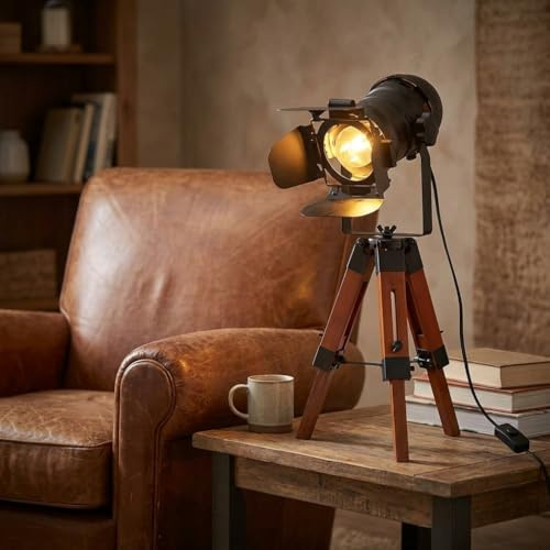 Alpinaluz lampada da tavolo vintage stile cinema industriale con treppiede in legno regolabile, faretto nero orientabile e attacco E27 per soggiorno e camera da letto