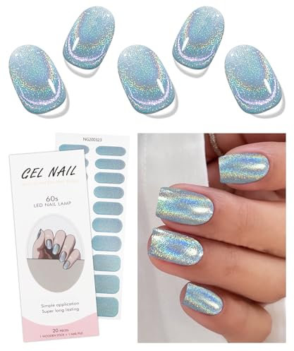 JMEOWIO Gel Nail Stickers Blue Purple Glitter Semi Cured Gel Nail Strips Wraps UV/LED Nails Art Design Decoration Accessories