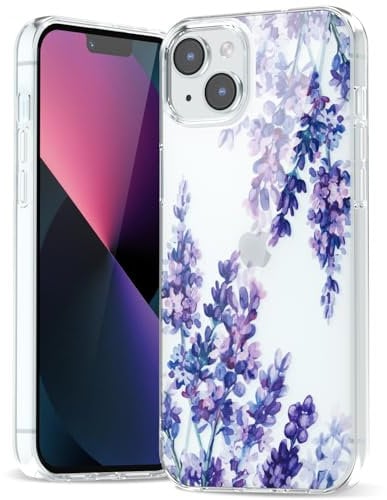 Svanove for iPhone 13 Mini/ 12 Mini Case Flower, Girly Cute Clear Floral Aesthetic Design, Slim Thin Transparent Hard Shell Plastic Phone Case for Women Girls, Trendy Elegant Pattern, Purple Lavender
