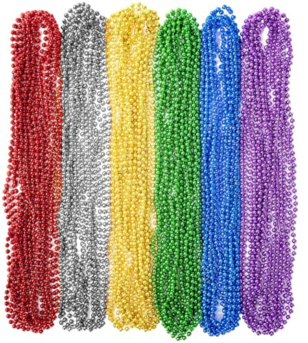 JIHUOO 24 Stück 5 mm x 80 cm Mardi Gras Perlen Halskette Metallic Perlenkette Lange Bunte Perlenkette Party Kostüm Halskette Karneval Party Gastgeschenke
