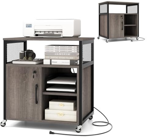 KOMFOTTEU Rollcontainer mit Ladestation, mobiler Aktenschrank mit Schloss & verstellbarem Ablagen, Bürowagen Druckerständer, Büroschrank für Akten, Dokumente (Grau)