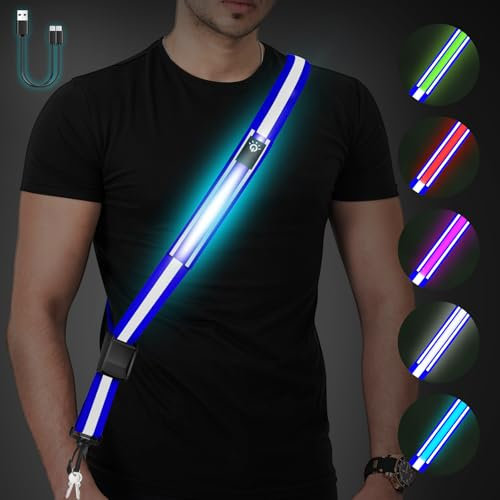 Fitense Lauflicht Joggen mit Reflektoren Gürtel, LED Reflektierende Gürtelschärpe, LED Lauflampe USB Aufladbar Verstellbar Nacht Sicherheitslicht Laufgürtel für Joggen Laufen Running Fahrradfahren