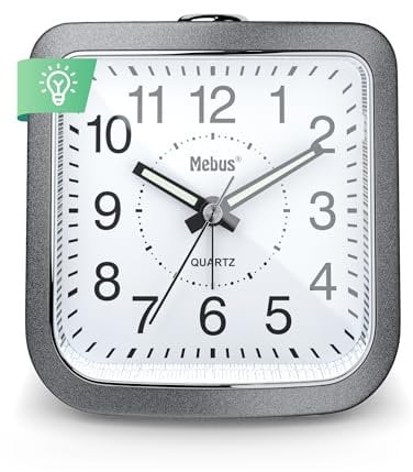 Mebus Quarzwecker, geräuscharm ohne Ticken, Leuchtzeiger, Alarm mit Weckwiederholung, Snooze, Zifferblatt-Beleuchtung auf Knopfdruck, Farbe: Grau-Silber, Modell: 56988
