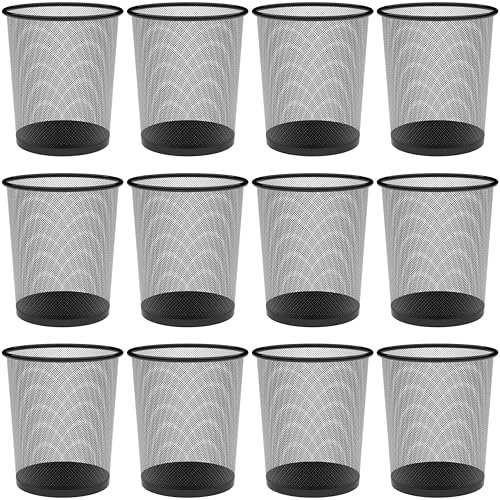 Detectalia Papelera Malla Metalica 10 Litros, Set de 12, Negra. Papelera Oficina, Papelera Reciclaje, Cubo de Basura, Papelera Escritorio, Cubo Basura Cocina, Papelera Baño, Tamaño Ø23,5 x 27 cm