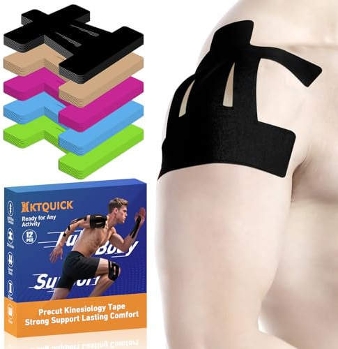 Kinesiology Tape for Shoulder Precut, 12 PCS Shoulder Tape for Pain Relief, KTQUICK Original Cotton Waterproof & Breathable, Enhance Elastic Sports Tape for Pain Support and Muscle Sports, Black
