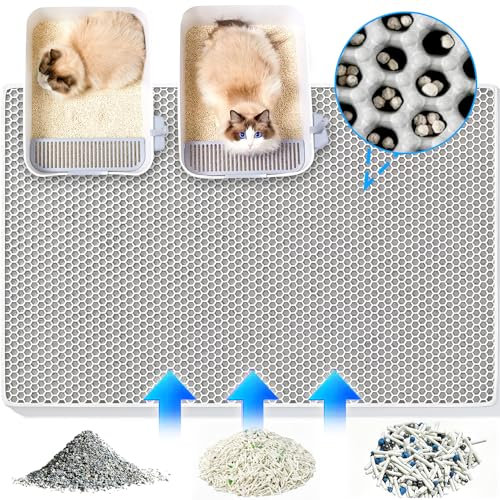 Katzenklo Matte 90X60 CM Doppelte Schichte, Katzenstreu Matte Wasserdicht und Rutschfeste, Waben Design Katzenmatte Katzenklo, Katzenklo Matte Groß xxl EVA Material Grau